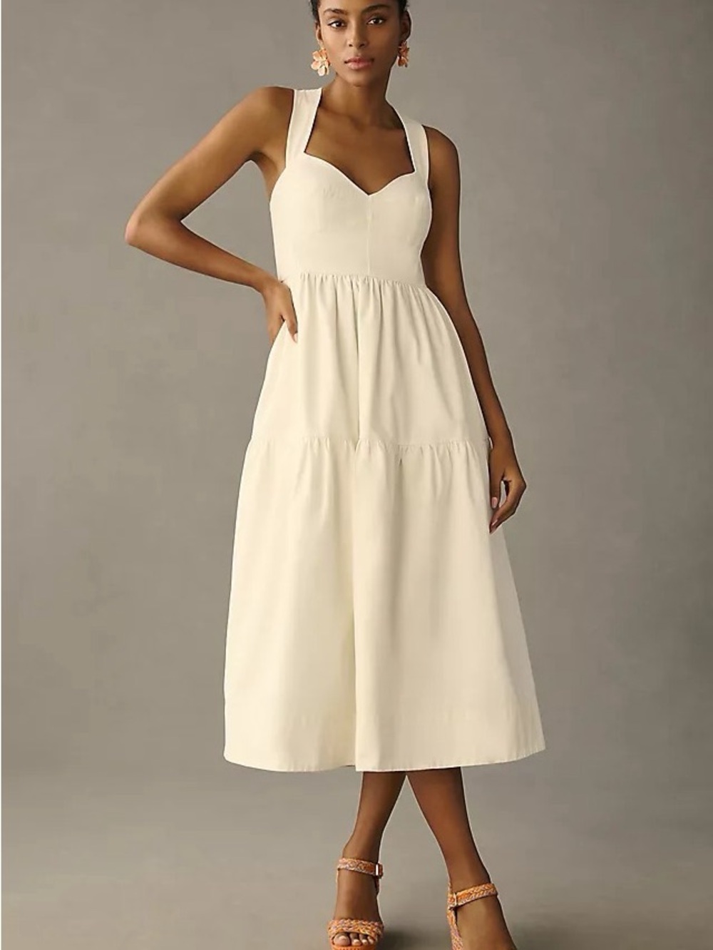 Anthropologie “Forever That Girl” Cream Denim Sweetheart-Neck Tiered Midi Dress - Picture 1 of 4
